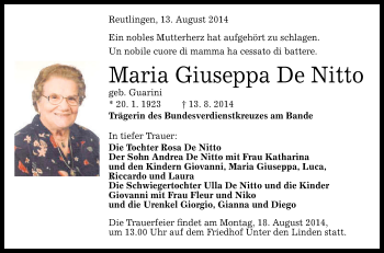 Anzeige von Maria Giuseppa De Nitto von Reutlinger Generalanzeiger