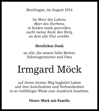 Anzeige von Irmgard Möck von Reutlinger Generalanzeiger