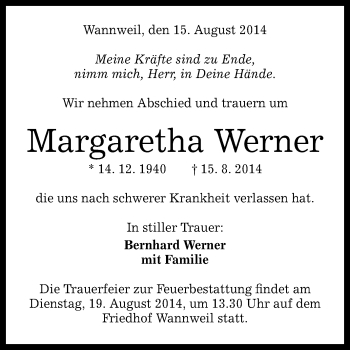 Anzeige von Margaretha Werner von Reutlinger Generalanzeiger