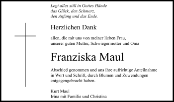 Anzeige von Franziska Maul von Reutlinger Generalanzeiger