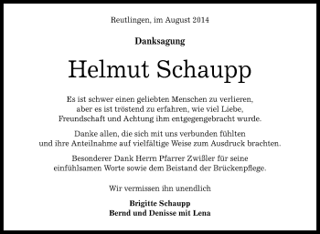 Anzeige von Helmut Schaupp von Reutlinger Generalanzeiger