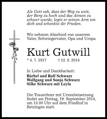 Anzeige von Kurt Gutwill von Reutlinger Generalanzeiger