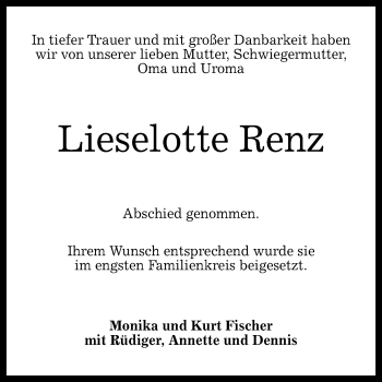 Anzeige von Lieselotte Renz von Reutlinger Generalanzeiger