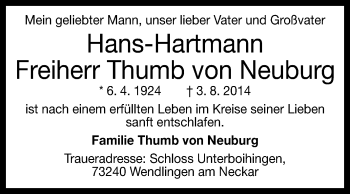 Anzeige von Hans-Hartmann Freiherr Thumb von Neuburg von Reutlinger Generalanzeiger