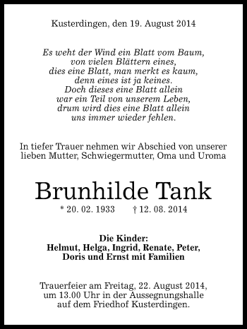 Anzeige von Brunhilde Tank von Reutlinger Generalanzeiger