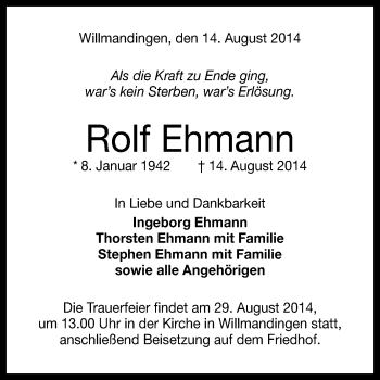 Anzeige von Rolf Ehmann von Reutlinger Generalanzeiger