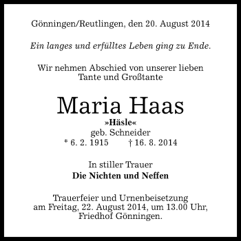 Anzeige von Maria Haas von Reutlinger Generalanzeiger