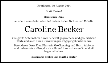 Anzeige von Caroline Becker von Reutlinger Generalanzeiger
