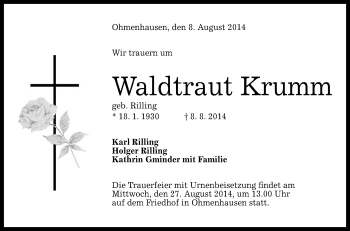 Anzeige von Waldtraut Krumm von Reutlinger Generalanzeiger