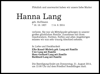 Anzeige von Hanna Lang von Reutlinger Generalanzeiger