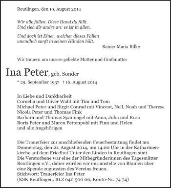 Anzeige von Ina Peter von Reutlinger Generalanzeiger