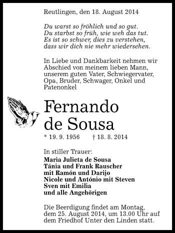 Anzeige von Fernando de Sousa von Reutlinger Generalanzeiger