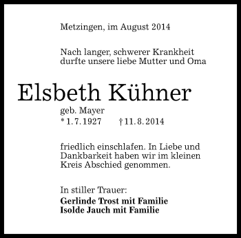 Anzeige von Elsbeth Kühner von Reutlinger Generalanzeiger