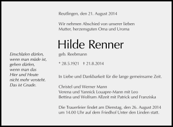 Anzeige von Hilde Renner von Reutlinger Generalanzeiger