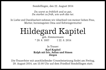 Anzeige von Hildegard Kapitel von Reutlinger Generalanzeiger