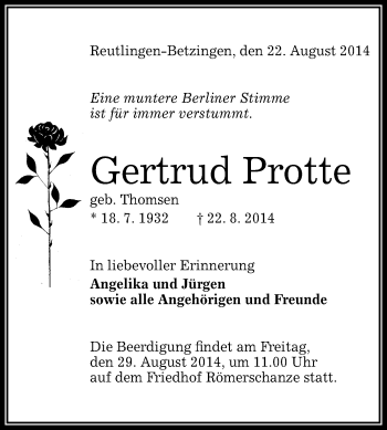 Anzeige von Gertrud Protte von Reutlinger Generalanzeiger