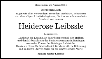 Anzeige von Heiderose Leibssle von Reutlinger Generalanzeiger