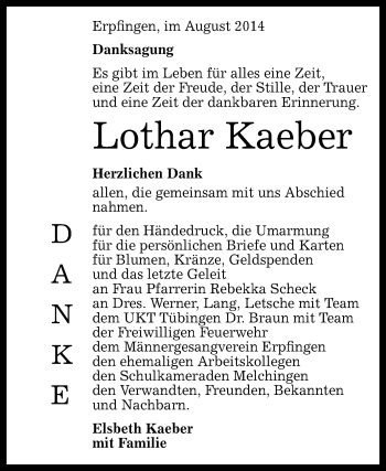 Anzeige von Lothar Kaeber von Reutlinger Generalanzeiger
