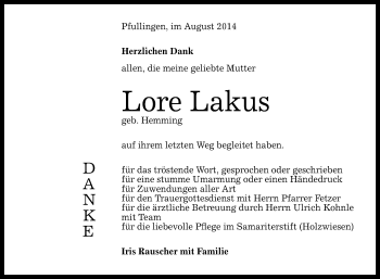 Anzeige von Lore Lakus von Reutlinger Generalanzeiger