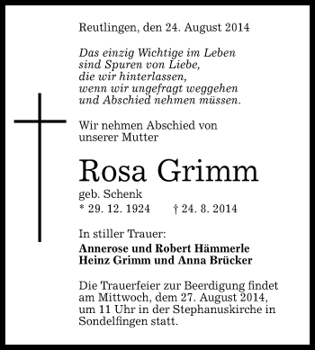 Anzeige von Rosa Grimm von Reutlinger Generalanzeiger