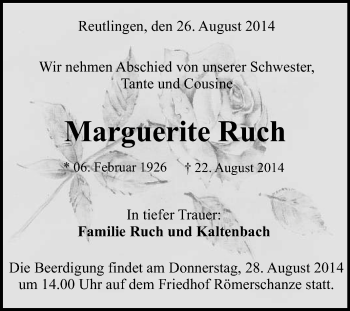 Anzeige von Marguerite Ruch von Reutlinger Generalanzeiger