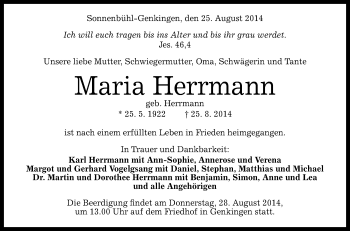 Anzeige von Maria Herrmann von Reutlinger Generalanzeiger