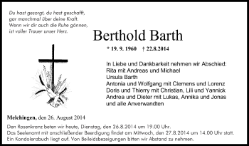 Anzeige von Berthold Barth von Reutlinger Generalanzeiger