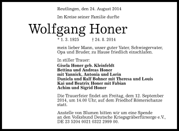 Anzeige von Wolfgang Honer von Reutlinger Generalanzeiger