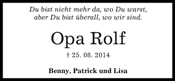 Anzeige von Opa Rolf  von Reutlinger Generalanzeiger