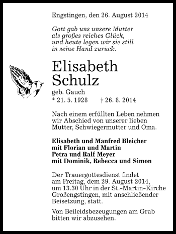 Anzeige von Elisabeth Schulz von Reutlinger Generalanzeiger
