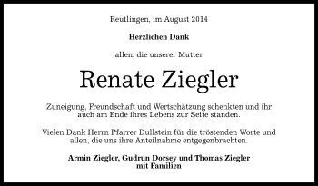 Anzeige von Renate Ziegler von Reutlinger Generalanzeiger