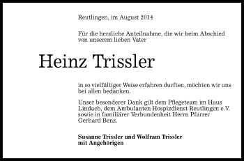 Anzeige von Heinz Trissler von Reutlinger Generalanzeiger