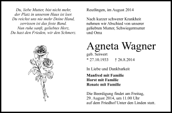 Anzeige von Agneta Wagner von Reutlinger Generalanzeiger