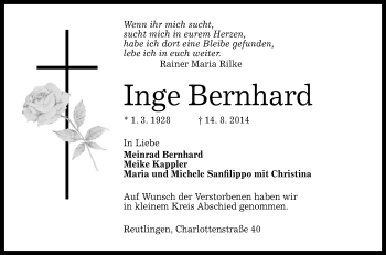 Anzeige von Inge Bernhard von Reutlinger Generalanzeiger