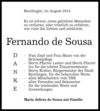 Anzeige von Fernando de Sousa von Reutlinger Generalanzeiger