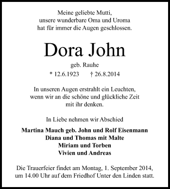 Anzeige von Dora John von Reutlinger Generalanzeiger