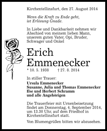 Anzeige von Erich Emmenecker von Reutlinger Generalanzeiger