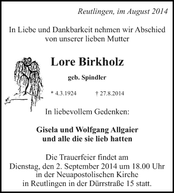 Anzeige von Lore Birkholz von Reutlinger Generalanzeiger