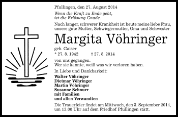 Anzeige von Margita Vöhringer von Reutlinger Generalanzeiger