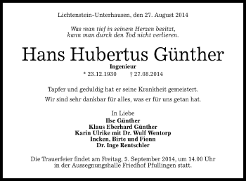 Anzeige von Hans Hubertus Günther von Reutlinger Generalanzeiger