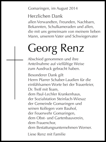 Anzeige von Georg Renz von Reutlinger Generalanzeiger