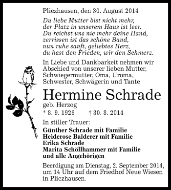 Anzeige von Hermine Schrade von Reutlinger Generalanzeiger