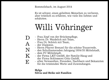 Anzeige von Willi Vöhringer von Reutlinger Generalanzeiger