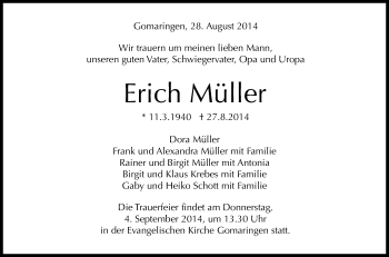 Anzeige von Erich Müller von Reutlinger Generalanzeiger