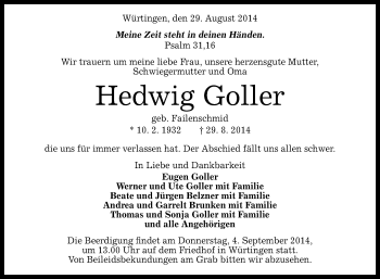 Anzeige von Hedwig Goller von Reutlinger Generalanzeiger