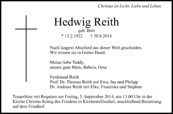 Anzeige von Hedwig Reith von Reutlinger Generalanzeiger