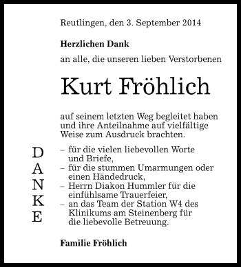 Anzeige von Kurt Fröhlich von Reutlinger Generalanzeiger