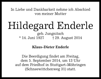 Anzeige von Hildegard Enderle von Reutlinger Generalanzeiger