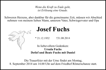 Anzeige von Josef Fuchs von Reutlinger Generalanzeiger