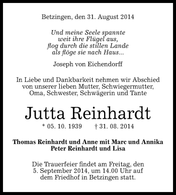 Anzeige von Jutta Reinhardt von Reutlinger Generalanzeiger